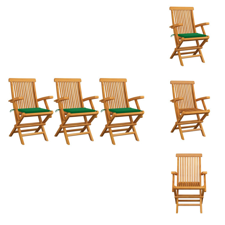 vidaXL Gartenstühle mit Grünen Kissen 3 Stk. Massivholz Teak - Gartenstühle