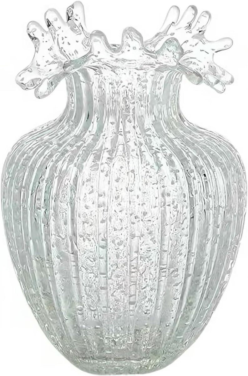 Handgemaakte lichtgevende glasvaas met golfmond in blauw, Hoogte: 21 cm