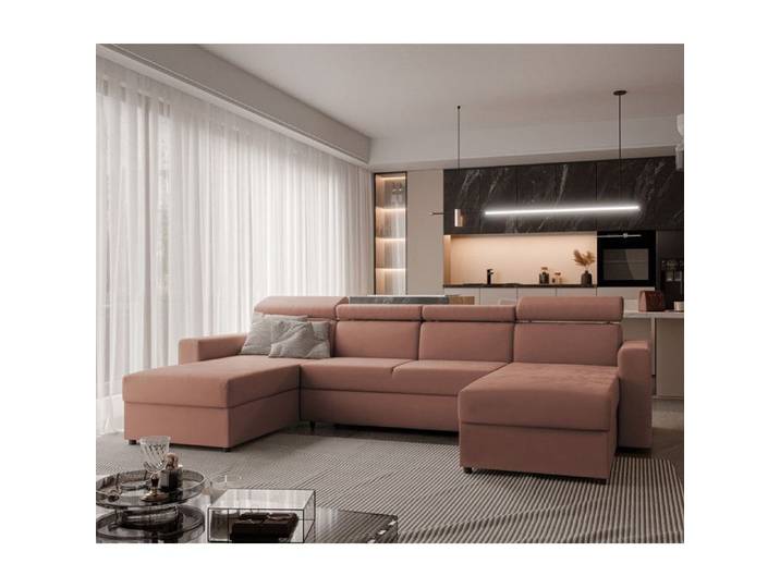 Canapé Panoramique BENI II - 6 places - Convertible avec Tétières - Tissu Velours - Couleur saumon