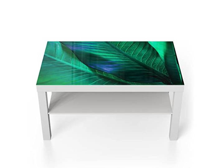 DEQORI Glastisch weiß groß 90x50 cm Motiv Tropenblattstruktur ausgefallener Beistelltisch aus Glas Hochglanz Couchtisch fürs Wohnzimmer moderner Couch Tisch mit Design