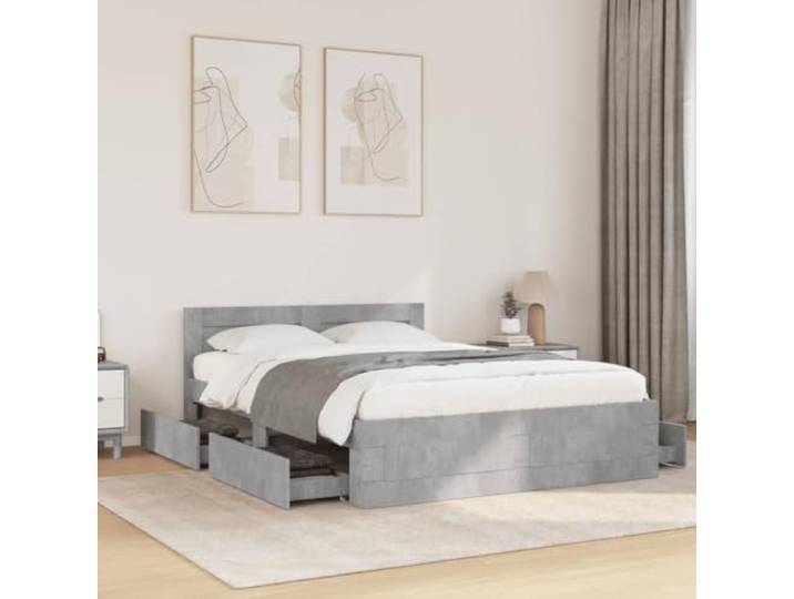 RJPLMFV Bettgestell mit Kopfteil, 140x200 cm, Beton-Grau Robustes Ingenieurholz, Lattenrost inklusive, Aufbewahrungsschubladen, ohne Matratze