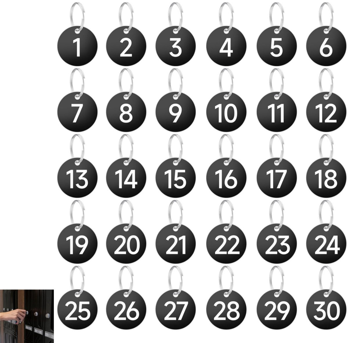 30 stuks ronde nummerlabels met metalen ringen voor identificatie en lockers, zwart, 35 x 35 mm