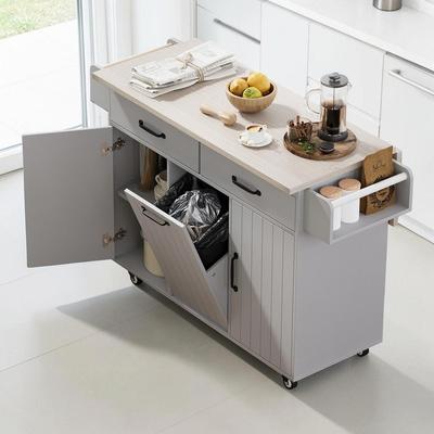CARMORICO Mobile Kitchen Island on Wheels, Drop Leaf Design with Trash Cabinet, Spice Rack, Towel Rack, Drawer and Adjustable Shelf