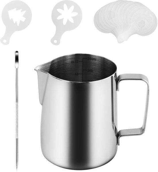 Benza Ibenzoa Melkopschuimset - 350 ml - Geborsteld roestvrijstalen melkkannetje met dubbele V-uitloop, latte-art pen en 16 koffiemotieven