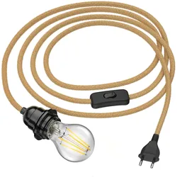 ledscom.de Hanfkabel LEKA mit Stecker, Schalter und E27 Fassung, 3 m + LED Lampe max. 963lm, 3 Stufen, warmweiß