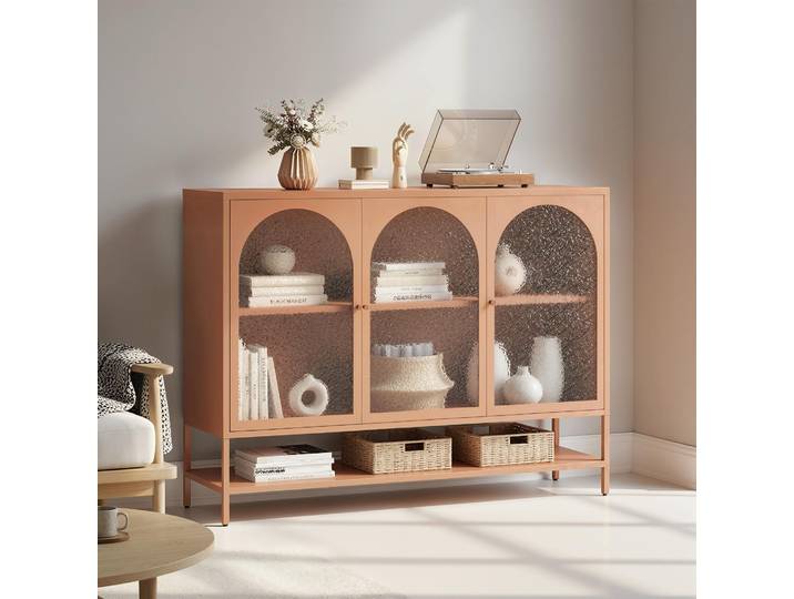 HOMCOM Buffet Salon Vert Clair 3 Portes Vitrées 140x40x105cm