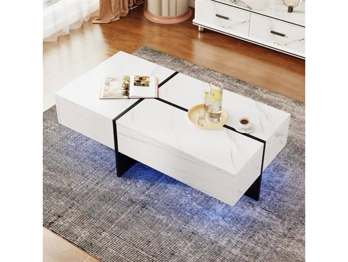 Table basse - GUTENT - Imitation marbre blanc - Éclairage LED - 3 tiroirs - 100x50x34.5 cm