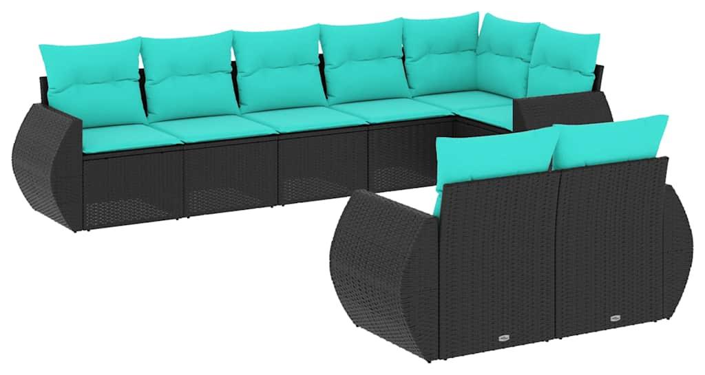 vidaXL 8-teiliges Gartensofa-Set mit Kissen, schwarzes Polyrattan