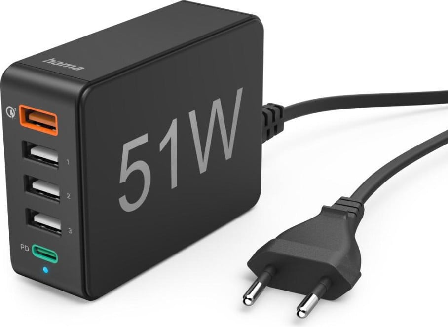 Hama 5-in-1 USB-oplaadstation, 51 Watt, zwart, 1,2 meter