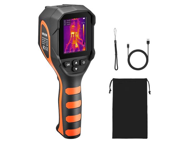 Caméra thermique VEVOR\, 320 x240 TISR super résolution\, caméra thermique portable avec caméra visuelle 2MP\, résolution IR 256 x 192\, fréquence de rafraîchissement 25 Hz\, -20 °C à 450 °C\, 4 modes d'image et 6 palettes de couleurs