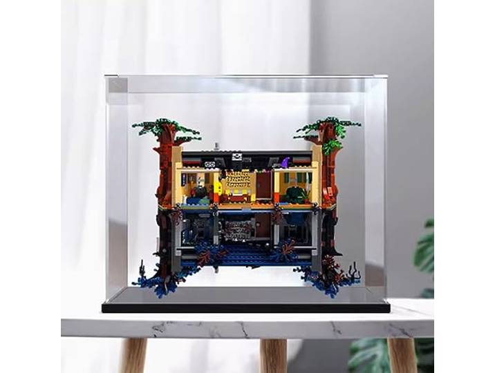 Acryl Vitrine Box Kompatibel Lego 75810 Stranger Things Modell, Schutz, Staubdichte Vitrine Geschenkmodell, Transparent, Kompatibel mit Lego (nur Vitrine) (Schwarzer Sockel)