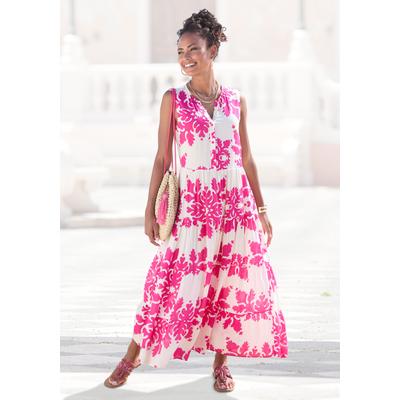 Maxikleid VIVANCE "mit Volants und Alloverdruck", Damen, Gr. 42, N-Gr, beige (creme, berry bedruckt), Web, Obermaterial: 100% Viskose, bedruckt, figurumspielend knöchelfrei, V-Ausschnitt, Kleider Maxikleid, Ärmelloses Sommerkleid, Webkleid,...