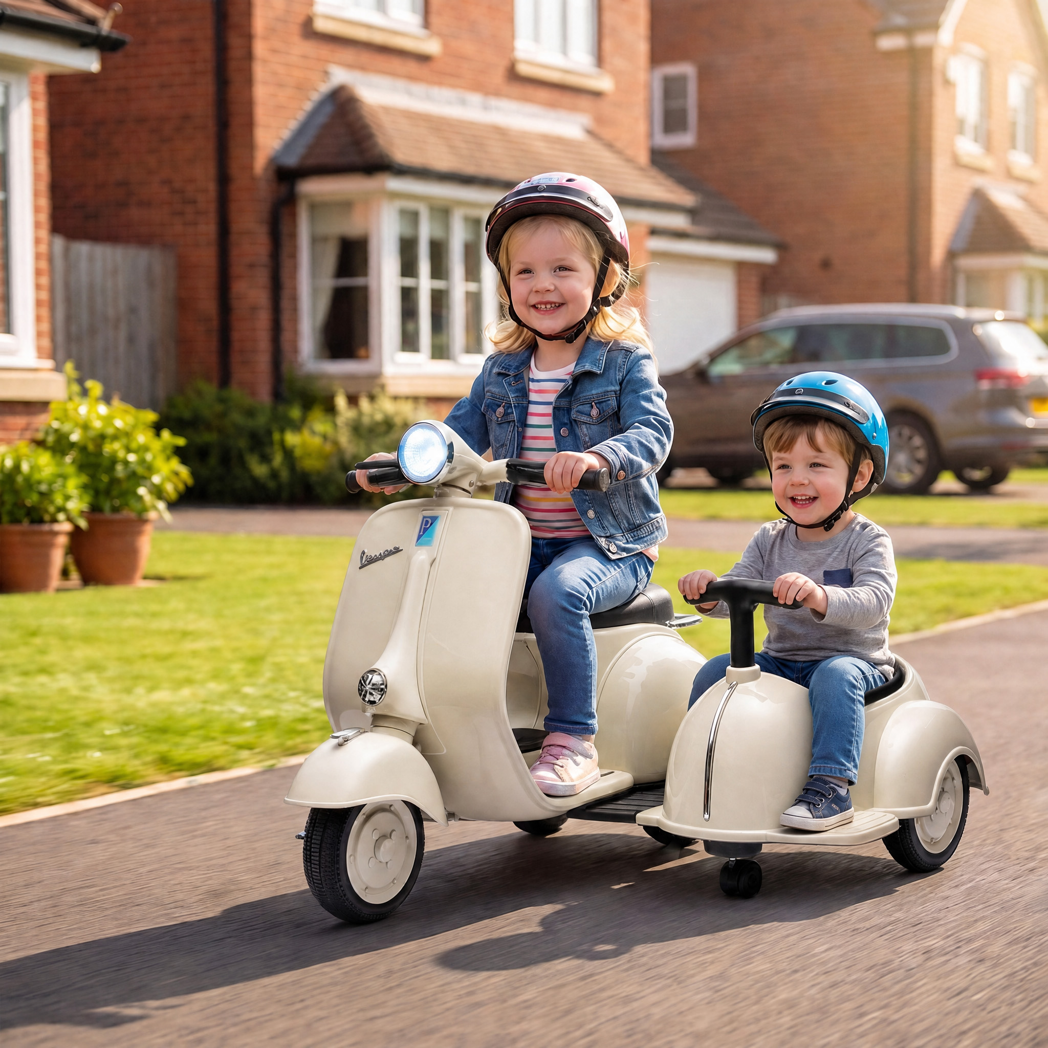 Aiyaplay Moto elettrica VESPA 2 posti con luci, musica, USB e portaoggetti, crema   Aosom Italy