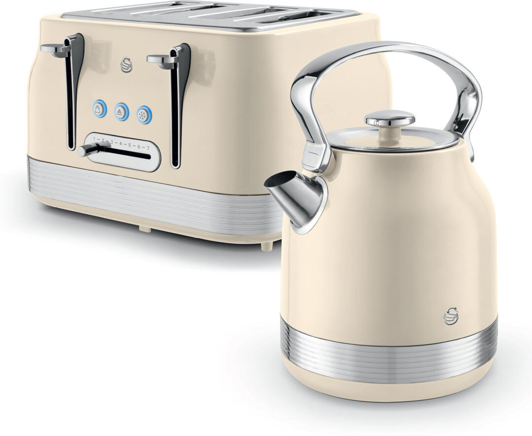 Swan Retro Kitchen Set, 1.7L Rapid Boil Traditional Kettle and 4 Slice Toaster, Non-Slip Feet Cream 1.7L