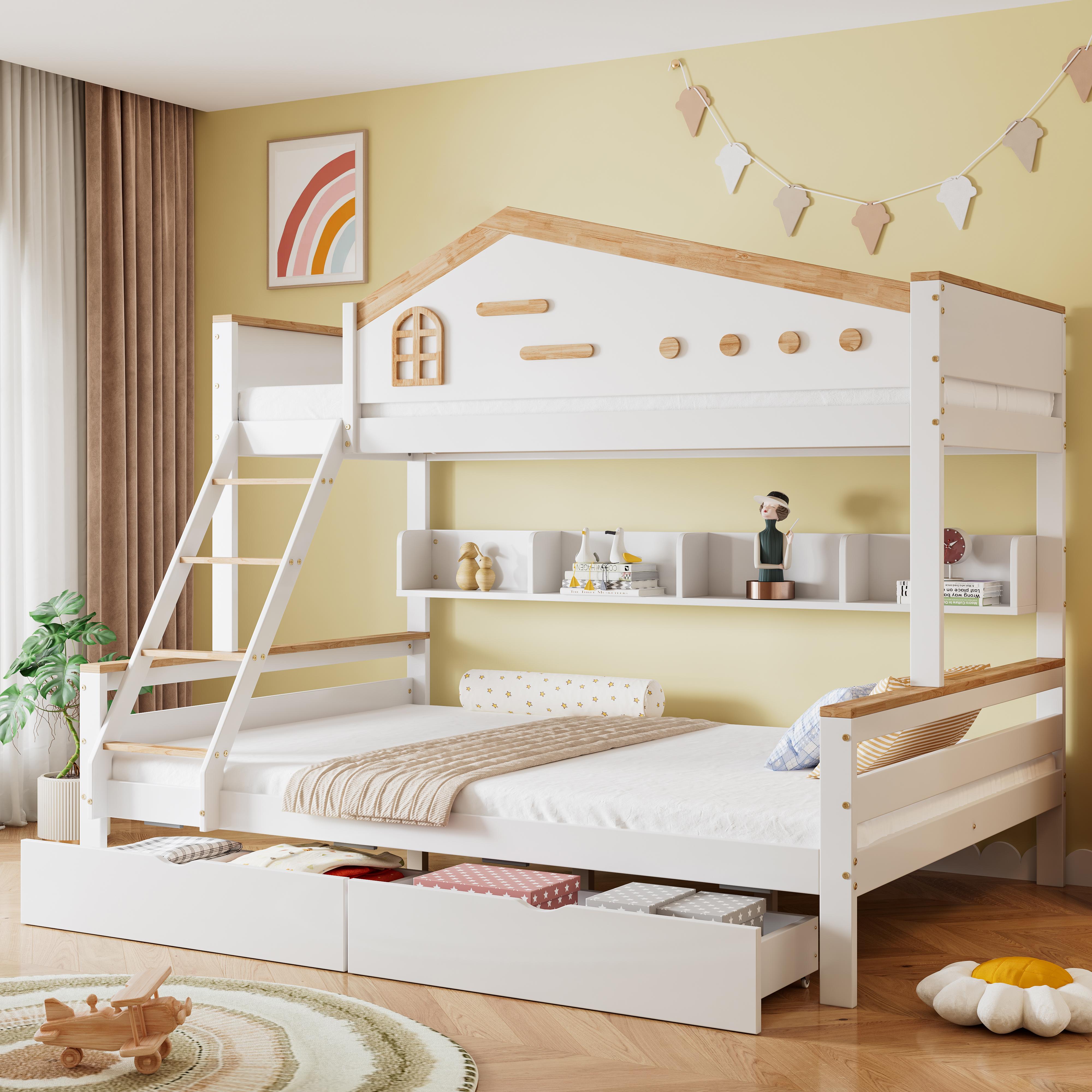 STILVORA Etagenbett 90x200cm&140x200cm, mit zwei Matratze, Kinderbett mit Fallschutzgitter zwei Schubladen und Offene Regal, Weiß+Natur, mit Fenster vierstufigen Schrägleiter und Schubladen