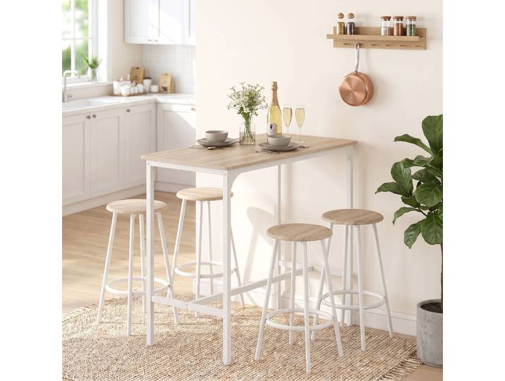 HOMCOM Ensemble Table Bar 5pcs Industriel Chêne Cuisine 4 Tabourets