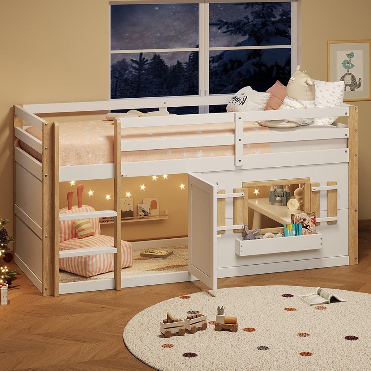 Pugsdrly Multifunctioneel Kinderbed en Stapelbed met Trap-kast en Speelruimte, Wit, B/D/H: 90 x 200 cm