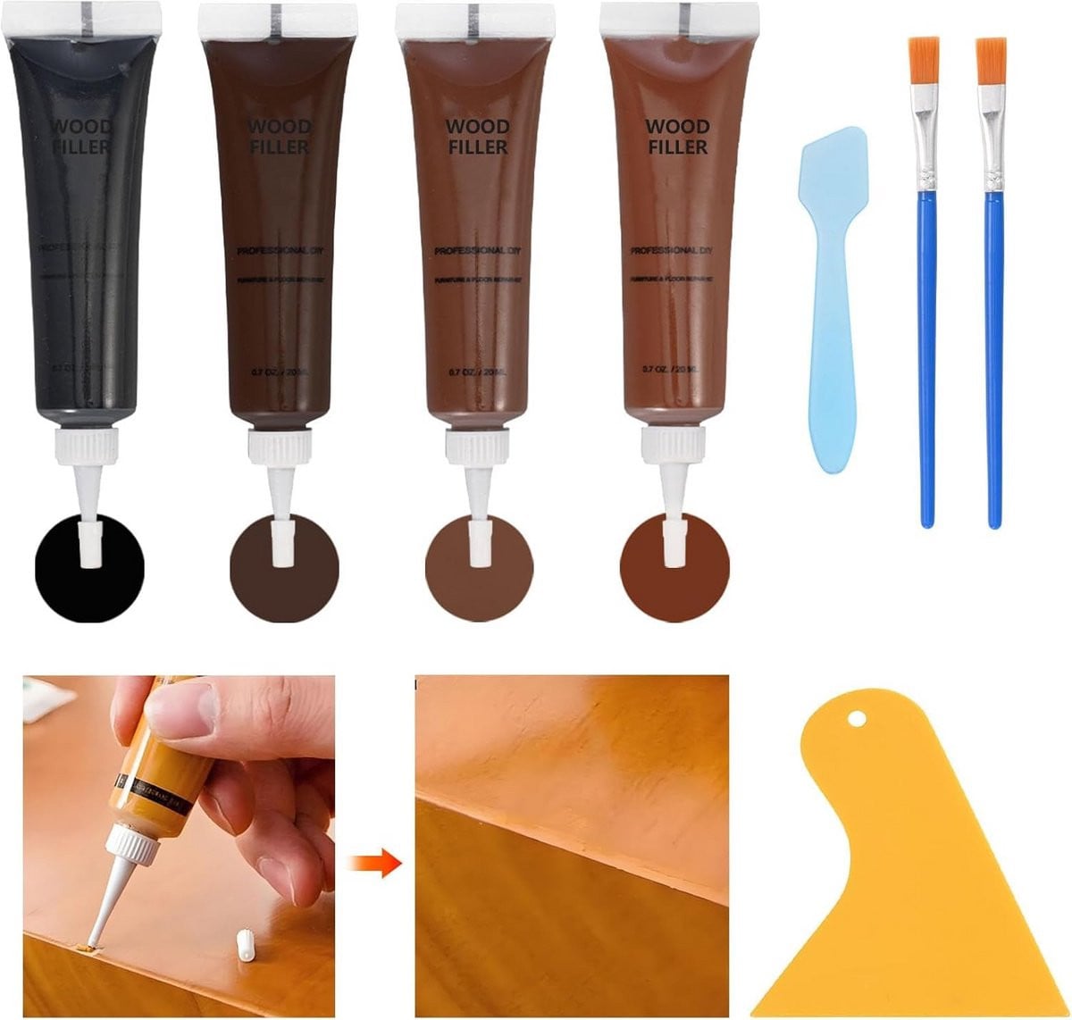 Reparatieset houten meubels met 3 kleuren houtplamuur voor krassen en scheuren