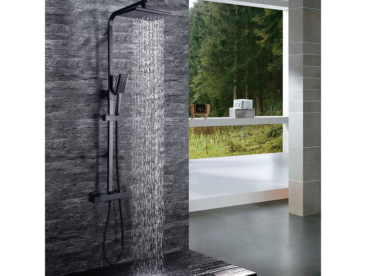 (Noir) Système de douche de pluie avec ensemble de douche thermostatique, douchette de tête, ensemble de douche en acier inoxydable, tige 90-110 cm