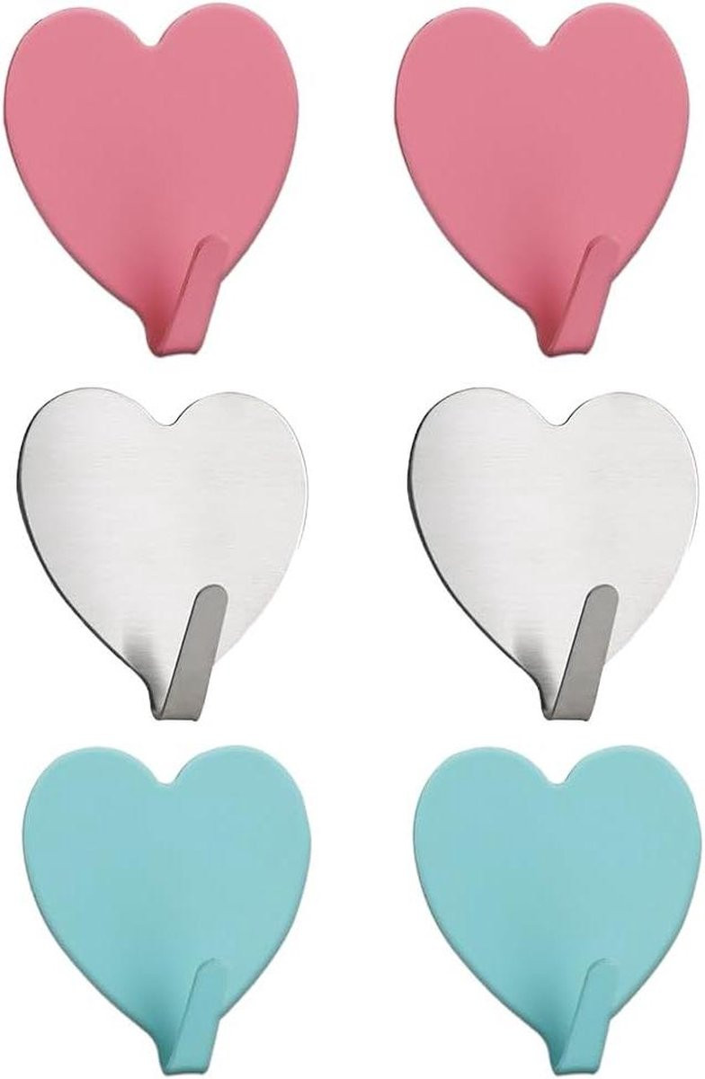 Set van 6 zelfklevende hartvormige decoratieve wandhaken, waterdicht voor badkamer, keuken en woonruimte