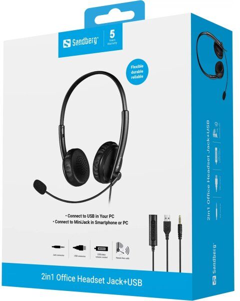 Sandberg 2i1 Kontorheadset Jack+usb, Sort