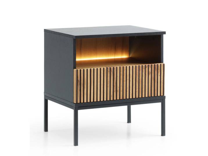 Komodee Nachttisch Laval St97 LED Beleuchtung, Eiche, Schwarz, Eiche Artisan, Metall, 1 Schubladen, Rechteckig, 54x56x39 cm, Schlafzimmer, Nachtkästchen
