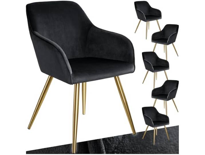 tectake 6er Set moderner Esszimmer Stuhl, Sitzfläche aus Samt, Armlehnstuhl, Sessel Wohnzimmer, gepolsterter Bürostuhl mit goldenen Metallbeinen, Schminktisch Stuhl - schwarz/Gold