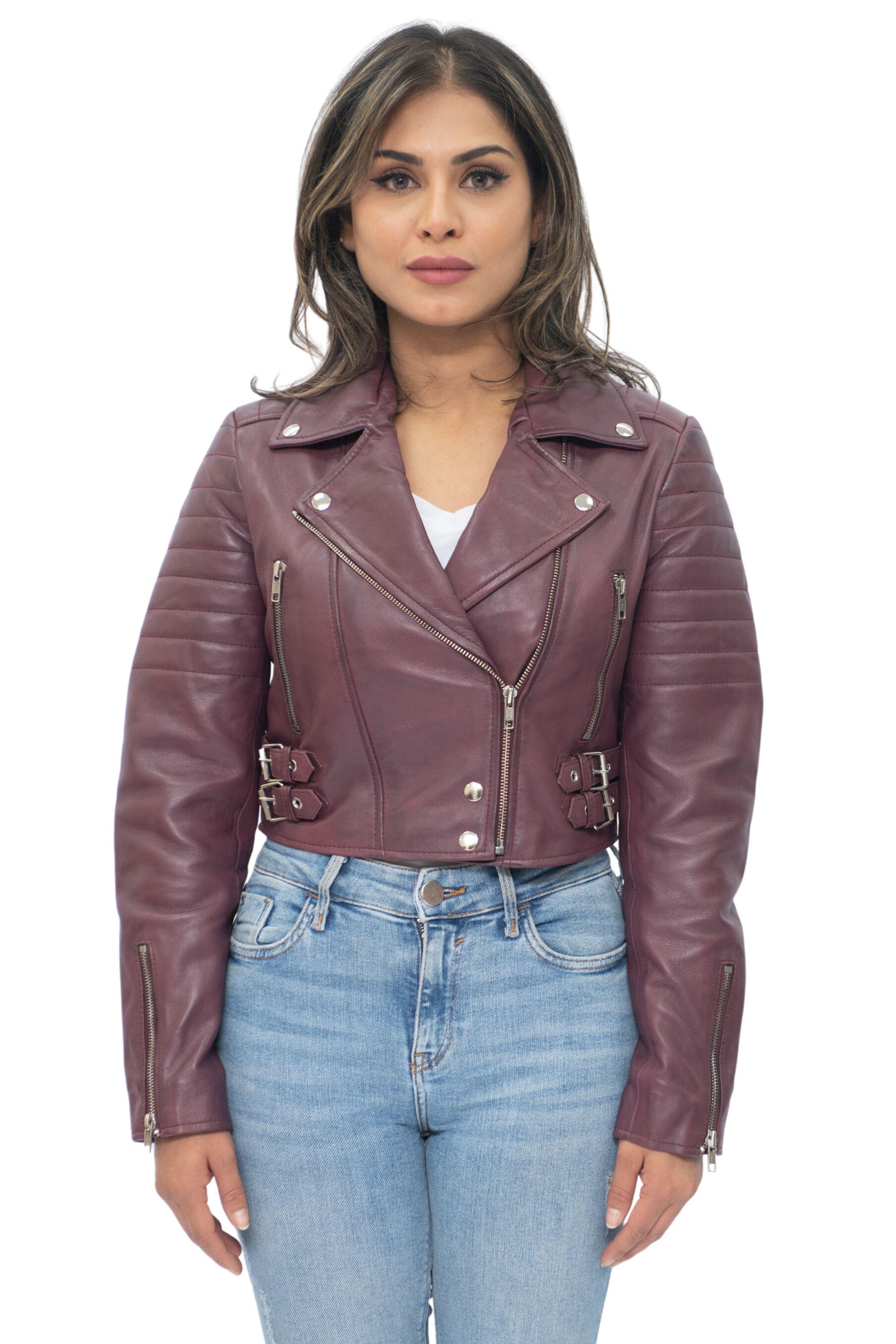 Kurz geschnittene Brando-Bikerjacke aus Leder für Damen – Damaskus