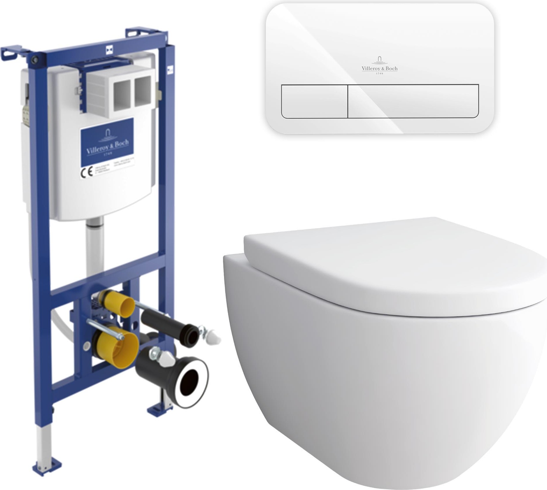 Alpenberger Spülrandloses Hänge WC Set | ViConnect Spülkasten | Mit/ohne Betätigungsplatte | WC mit Absenkautomatik (6200 UNI, mit Betätigungsplatte)