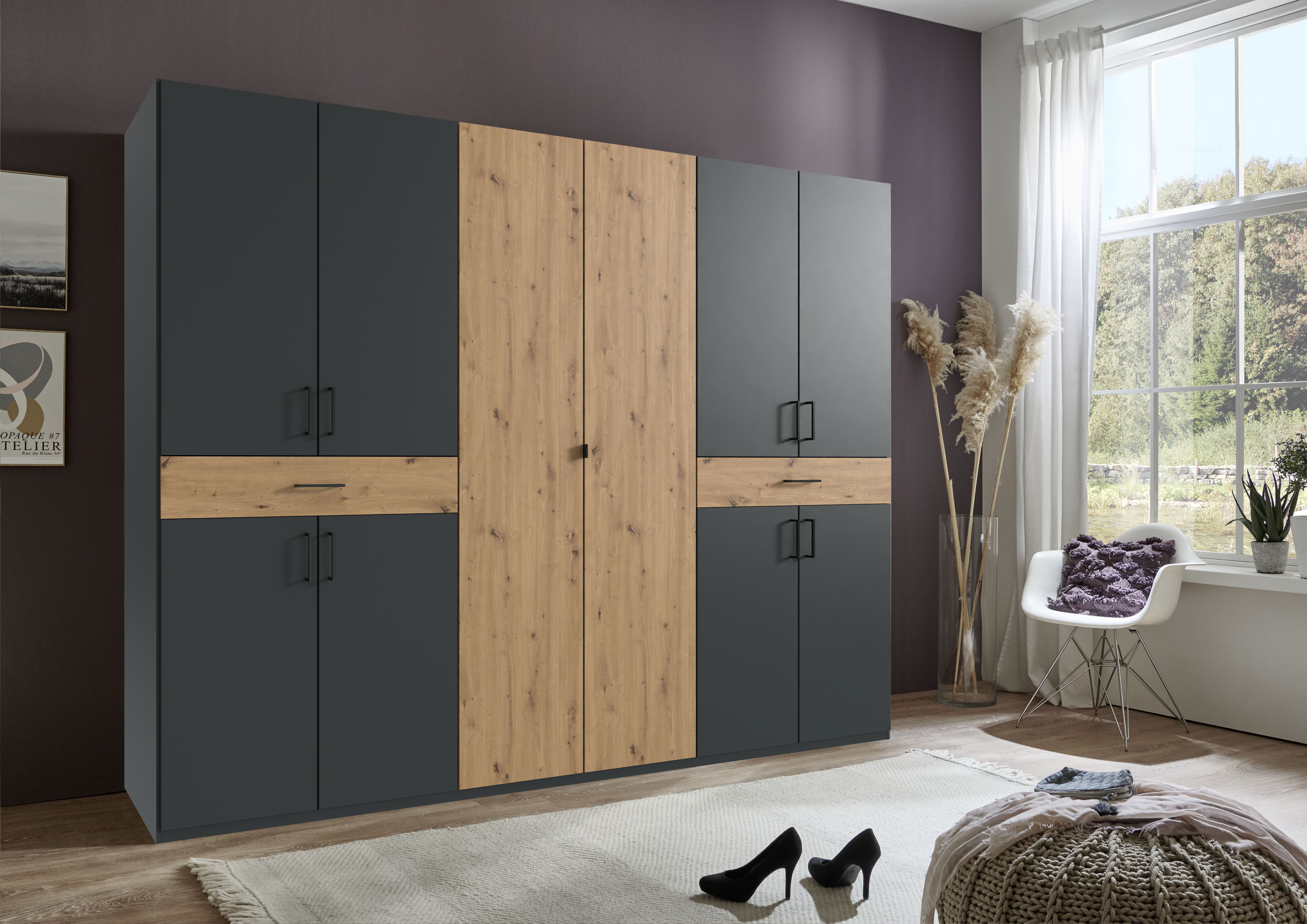 Drehtürenschrank WIMEX "Tibet Kleiderschrank mit sehr viel Stauraum, grosse Farbauswahl", grau (graphit, absetzung artisan eiche nachbildung), B:270cm H:208cm T:58cm, Holzwerkstoff, Schränke, Drehtürenschrank, mit jeweils 2 Schubladen auf bequemer Zugriff