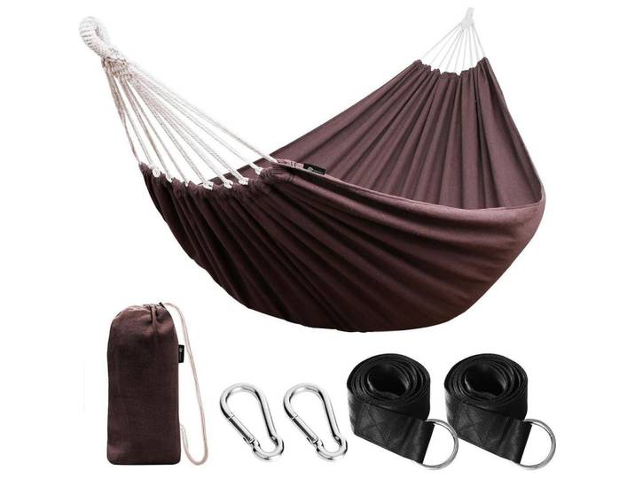 Hängematte Baumwolle Braun mit Gurten und Tasche, 150x2.5x270 cm, Gartenmöbel, Gartenschaukeln, Hängematten
