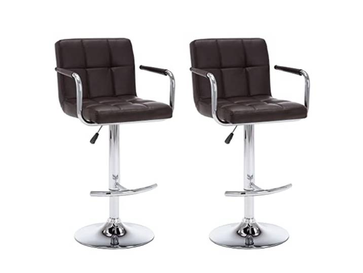 Barhocker, 2-teilig, Braun, Kunstleder, verstellbar, mit Armlehne Bequemer Sitz, gepolsterte Rückenlehne, verchromtes Stahlgestell, für Zuhause, Büro, Café