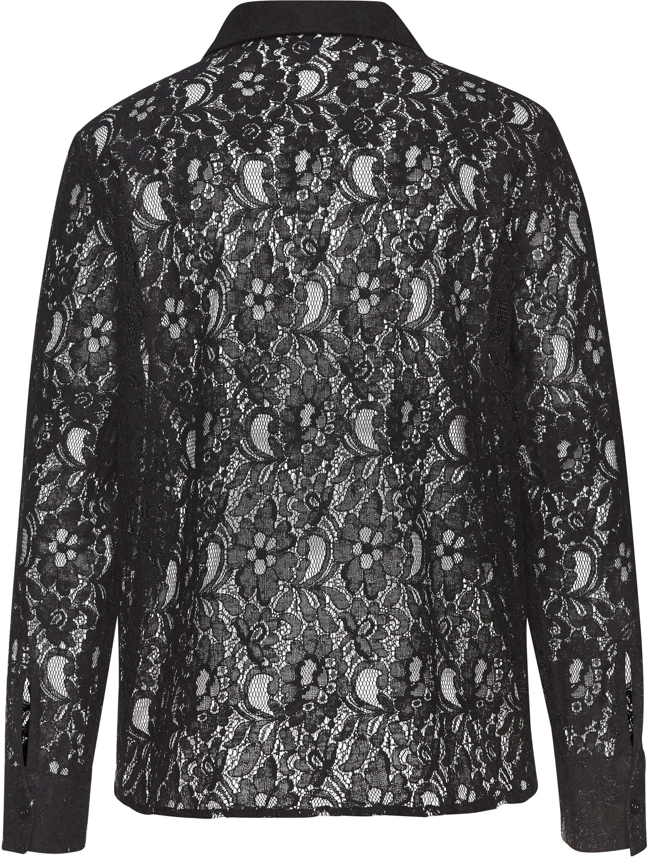 Spitzenbluse LASCANA "mit Hemdblusenkragen", Damen, Gr. 44, schwarz, Spitze, Obermaterial: 55% Baumwolle, 45% Polyamid. Einsatz: 100% Viskose, unifarben, festlich, figurumspielend hüftlang, Blusen Spitzenbluse, elegante Spitzenbluse, transparente Bluse, f