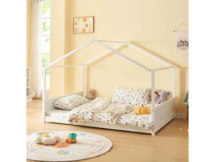 [en.casa] Kinderbett Simo Hausbett 120 x 200 cm Holzbett für Kinder Montessori Bettgestell mit Lattenrost Kiefernholz Weiß