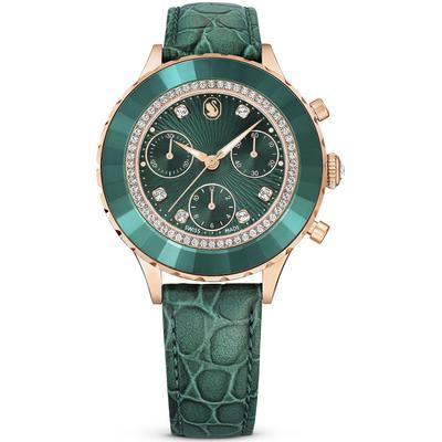 Chronograph SWAROVSKI "OCTEA CHRONO", grün, Armbanduhren, Damen, Chronograph, Armbanduhr, Quarzuhr, Damenuhr, Swarovski-Kristalle, Swiss Made