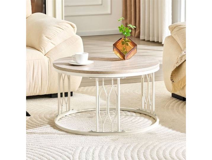 Table basse ronde - 70x70x40.5 cm - Design géométrique moderne chic salon table d'appoint bout de canapé robuste - Blanc