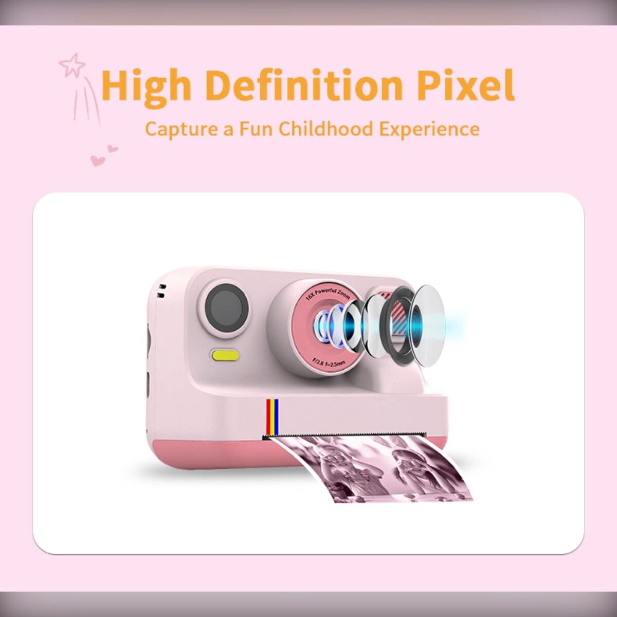 INF Appareil photo instantané K12Pro - Impression couleur Bluetooth, 20M photos, Vidéo 1080P, Impression mobile, Écran 2.4inch Rose