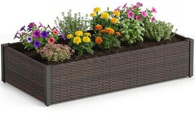 Costway PE Rattan Elevated Raised Garden Bed with Open-Ended Base-Brown