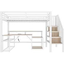 MODFU Hochbett Metall Weiß 90x200 cm mit Schreibtisch, LED-Lichtleiste, USB-Anschluss und Stauraumtreppe