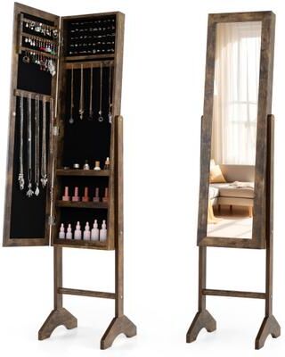 Costway Freestanding Jewelry Armoire with Velvet Lining and Full Length Mirror-Brown