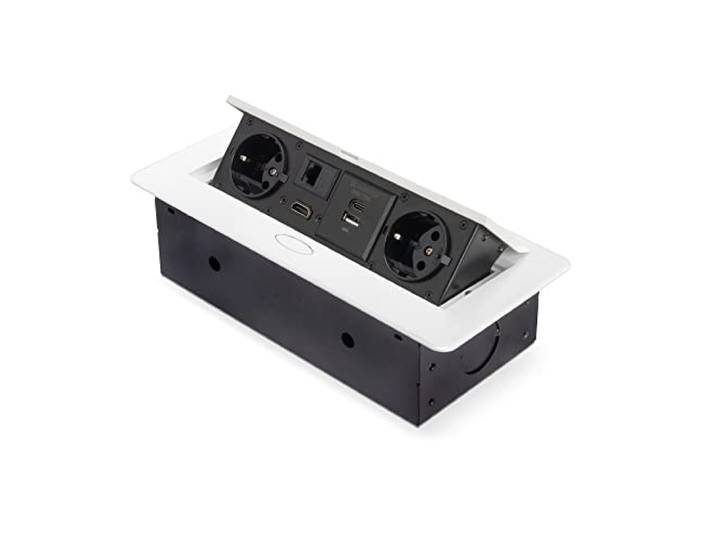 Emuca - Bloc multiprise escamotable pour encastrer au Bureau\, Bloc multiprise Plan de Travail (Prise EU Type F\, USB A+C\, RJ45 et HDMI)\, 265x120mm\, Blanc