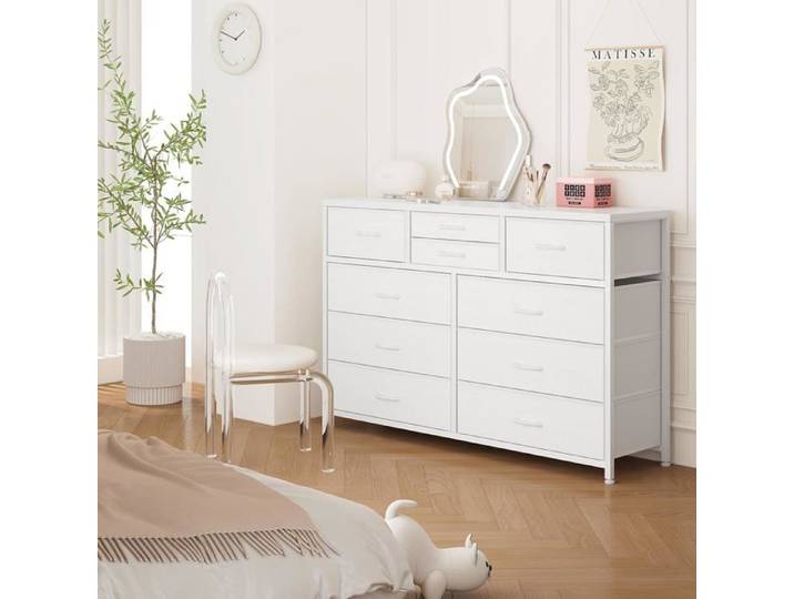 Commode en tissu - LUNSY - 10 tiroirs spacieux - Dimensions 115x35x80 cm - Blanc - Utilisation polyvalente