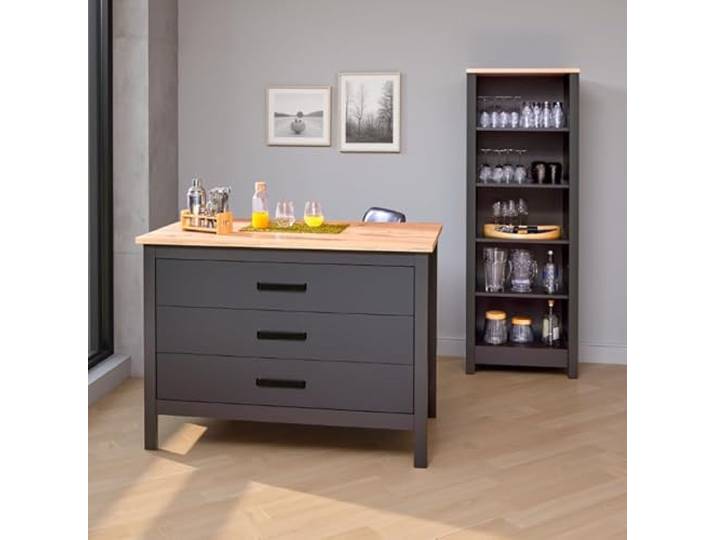 Inter Link - Kücheninsel - Mittelinsel - Arbeitsplatte - Küchenschrank mit 1 Tür und 3 Schubladen - Melaminbeschichtet - L: 124cm - H: 91,5 cm - T: 75 cm - Piazza Nero - Anthrazit - Eiche Artisan