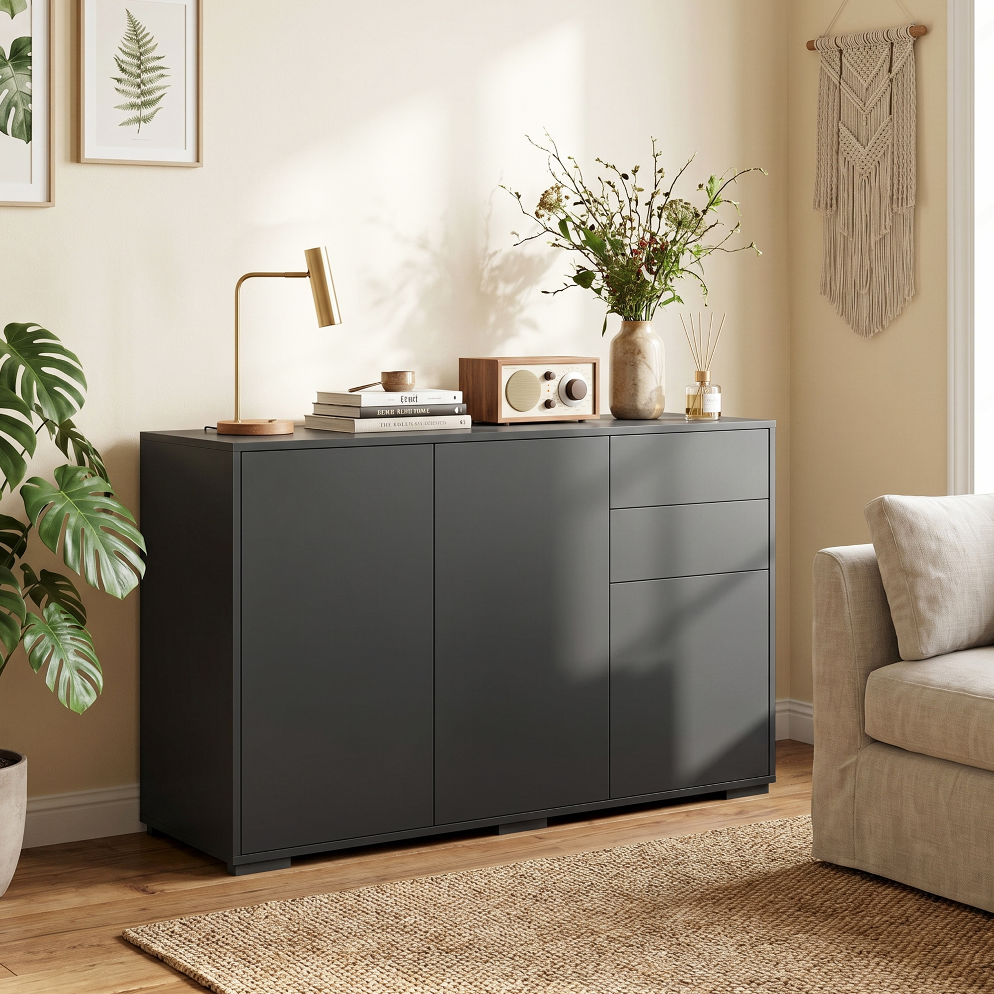 Homcom Mobile buffet con 2 cassetti, 3 ante e ripiano regolabile, 117x36x74 cm, nero   Aosom Italy