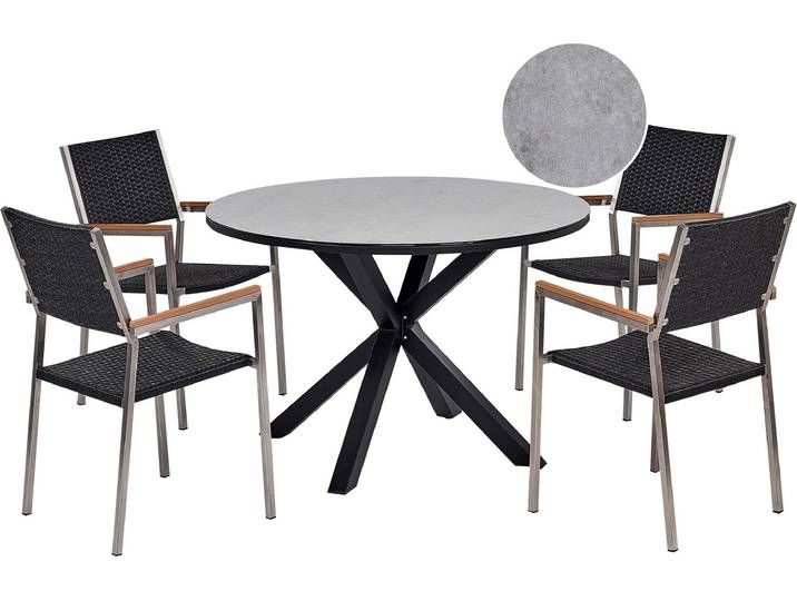 BELIANI Gartenmöbel-Set, grau/schwarz Aluminium, Edelstahl, Keramik, Glas, Tischplatte mit Marmoreffekt, PE-Rattanstühle 4 Sitzer, Outdoor-Möbel, modern