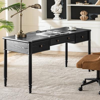 HULALA HOME Derk 60''W Transitional 3-Drawer Fluted Simple Assembly Desk with Charging Station and Cable Management