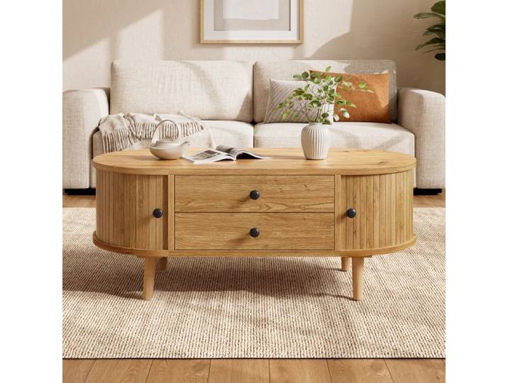 Table basse ovale avec portes coulissantes à lattes verticales 2 tiroirs MDF pieds pin massif rangement salon moderne chic déco