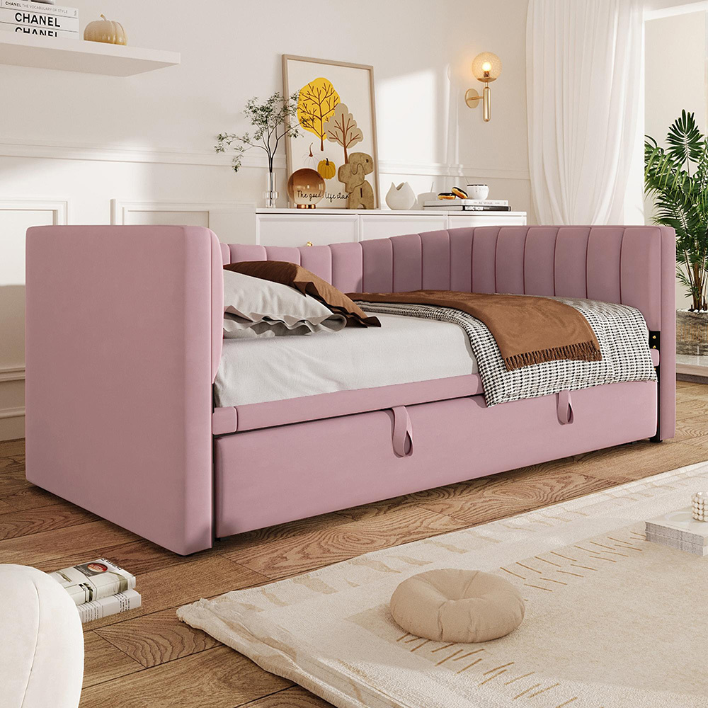 Sweiko Daybett 90 x 200 cm ,180 x 200 cm,Polsterbett mit Ziehbett, Sofabett, Einzelbett, Doppelbett, Samt, Rosa,Ohne Matratze