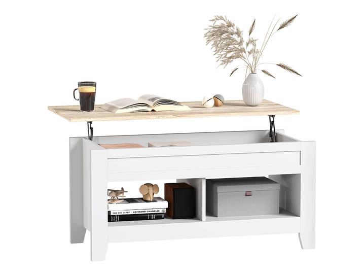HOMCOM Mesa de Centro Elevable con Encimera Elevable y Espacio Oculto de Almacenaje 105x50x49 cm Blanco y Natural