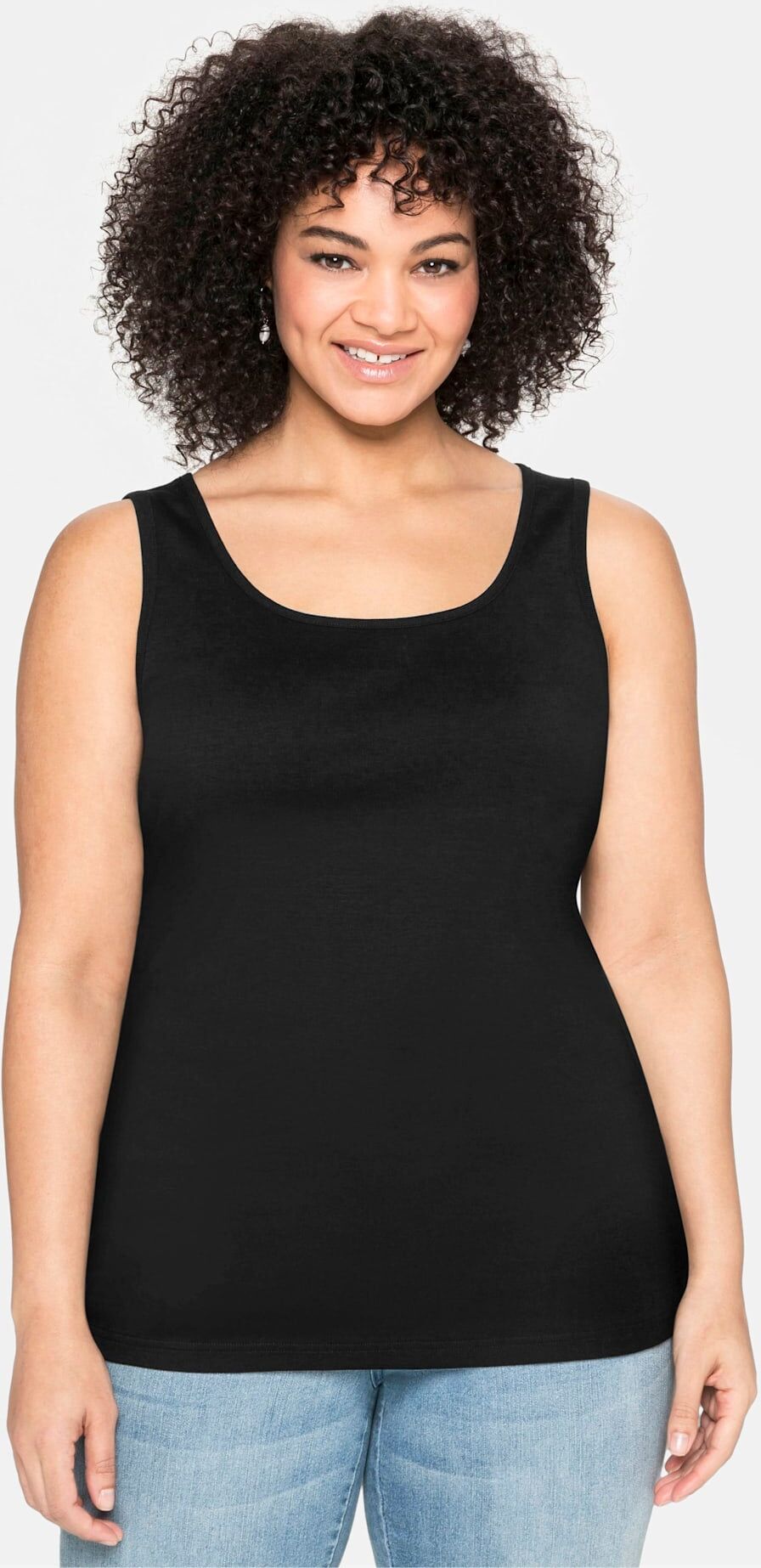 Tanktop SHEEGO, Damen, Gr. 44, schwarz, 100% Baumwolle, unifarben, Rundhals, Tops Tanktop schwarz 44